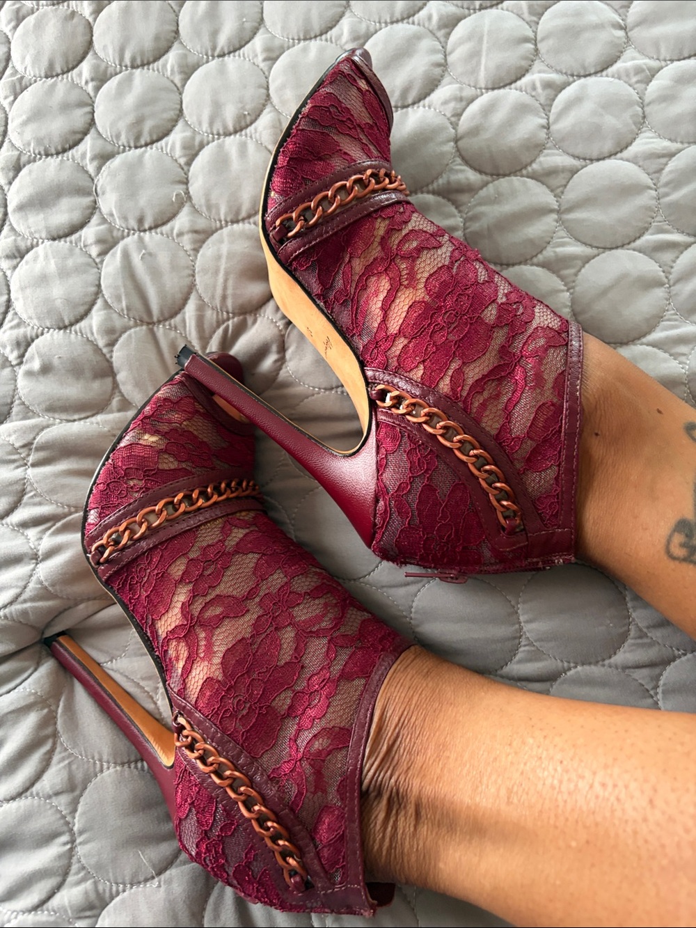 Burgundy Lace Chain-Trim Open-Toe High Heel Booties